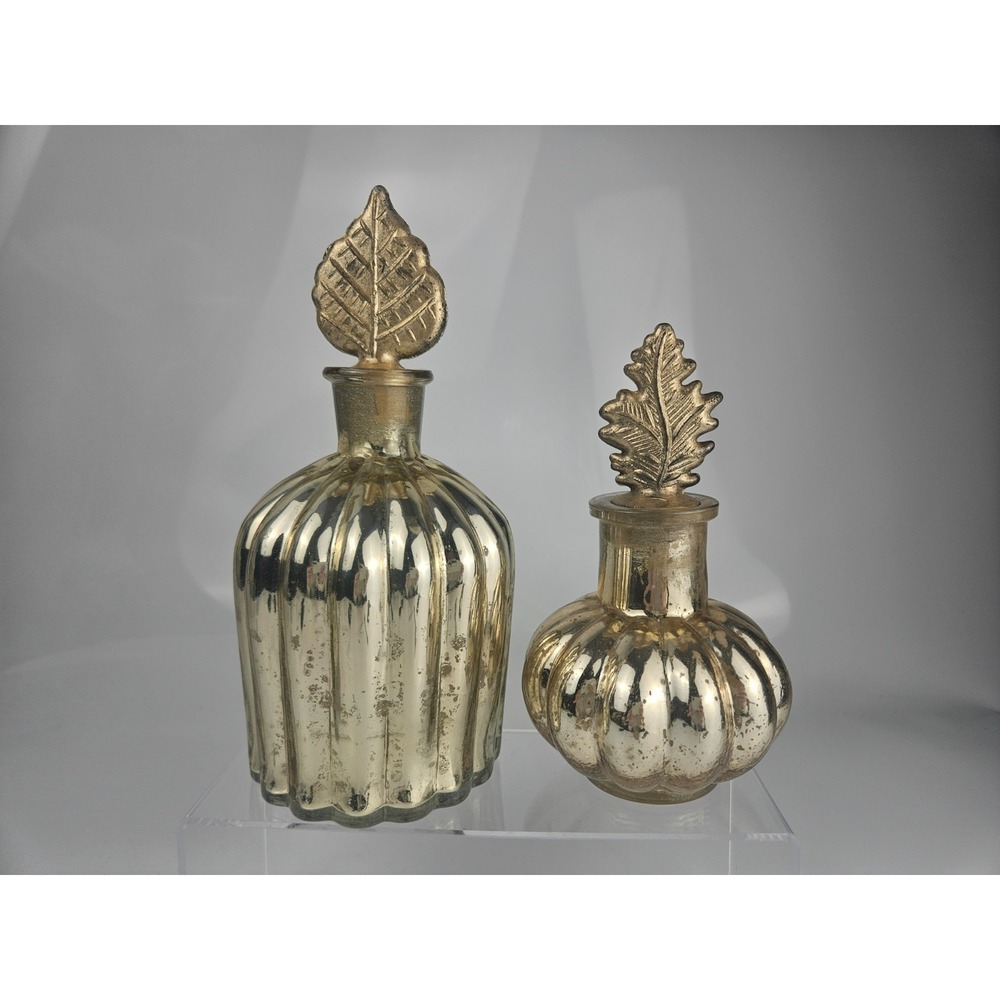 Gold Mercury Glass Style Bottles Pair Leaf‎ Finial Decor Set